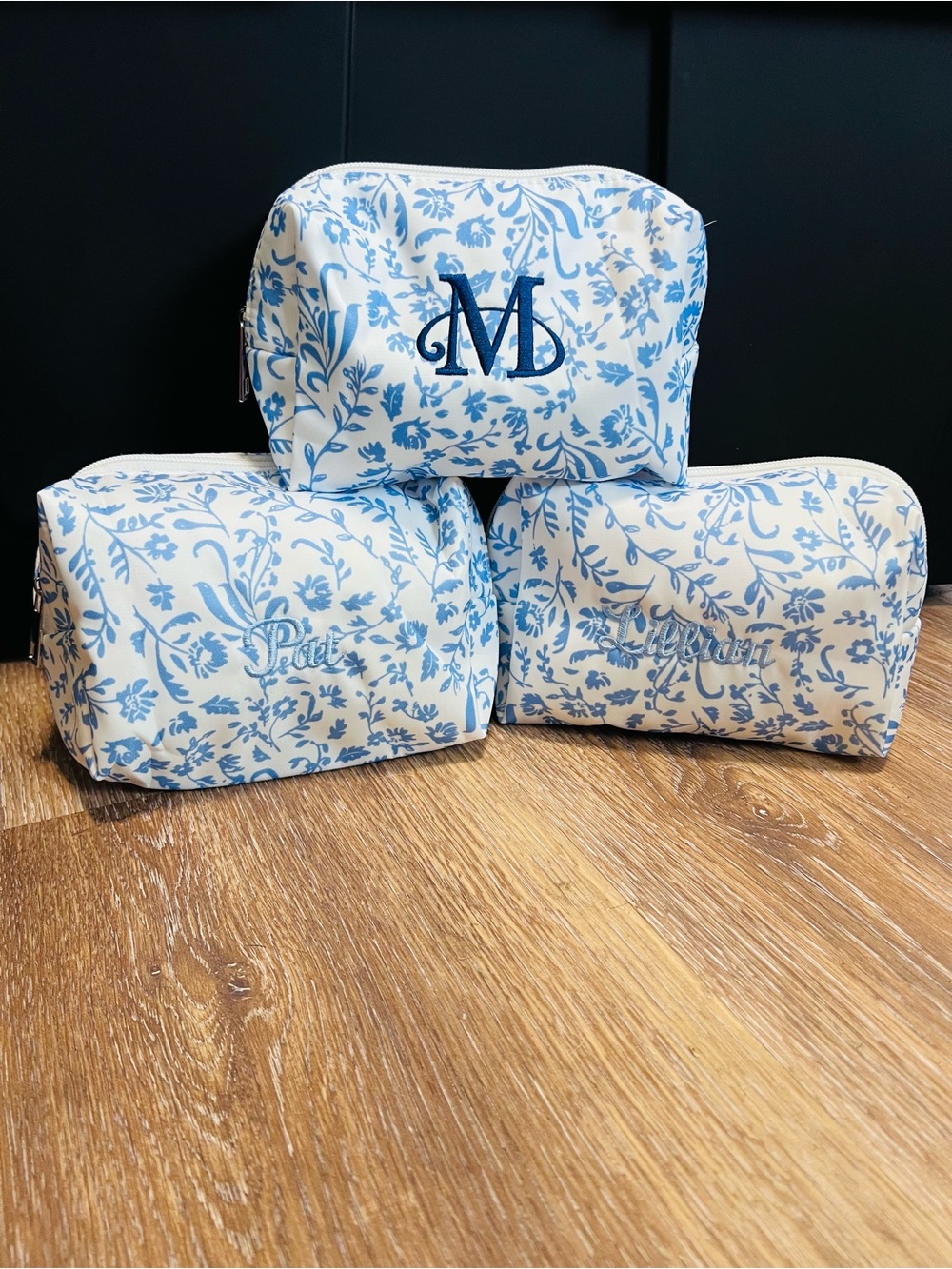 Customized Blue and White Floral Toile Monogram Cosmetic Pouch - Letter M